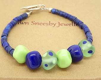 Lampwork Glass Bracelet, Lapis Lazuli Bracelet, Ooak Bracelet, Boho Bracelet, Semiprecious stone bracelet,Cobalt Bracelet, Lime Bracelet.