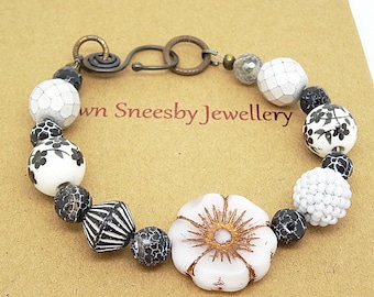 Czech Glass Bracelet, Faceted Agate Bracelet, Floral Bracelet, Black Bracelet, White Bracelet, Grey Bracelet, Unique Bracelet, Bohemian.