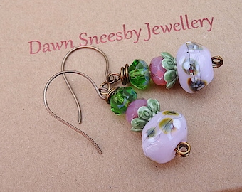 Lampwork Earrings, Czech glass earrings Handmade Earrings, Ooak Earrings, Summer Earrings, boho Jewellery, Pink Earrings, Green Earrings.