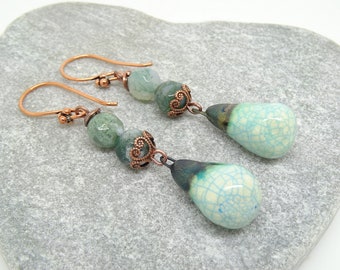 Ceramic Earrings, Agate Earrings, Faceted Agate, Raku Earrings, Ceramic Drop Earrings, Green Earrings, Bronze Earrings, Unique Earrings.