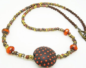 Czech Glass Necklace, Ceramic Necklace, Golem Design Lentil Bead, Orange Necklace, Brown Necklace, Unique Necklace, Bohemian Jewellery.