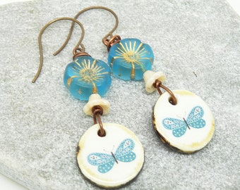 Czech Glass Earrings, Ceramic Earrings, Butterfly Earrings, Aqua Earrings, Cream Earrings, Unique Earrings, Bohemian Earrings, Handmade Gift