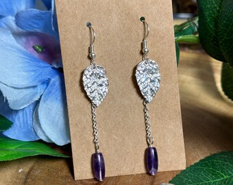 999 Solid Silver Leaf Earrings with Amethyst Bead dangle  - Dainty Earrings - Simple design - Nature