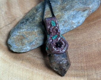 Handmade Herkimer Diamond & Black Onyx Necklace: Polymer Clay Enchanted Garden