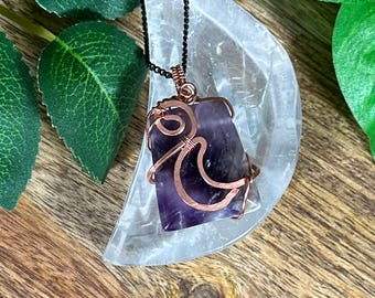 Amethyst Copper Necklace: Wire Wrapped Moon Pendant, Birthstone Jewelry