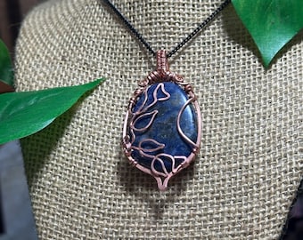 Floral Copper Wire Wrapped Sodalite Necklace - Handmade Jewelry