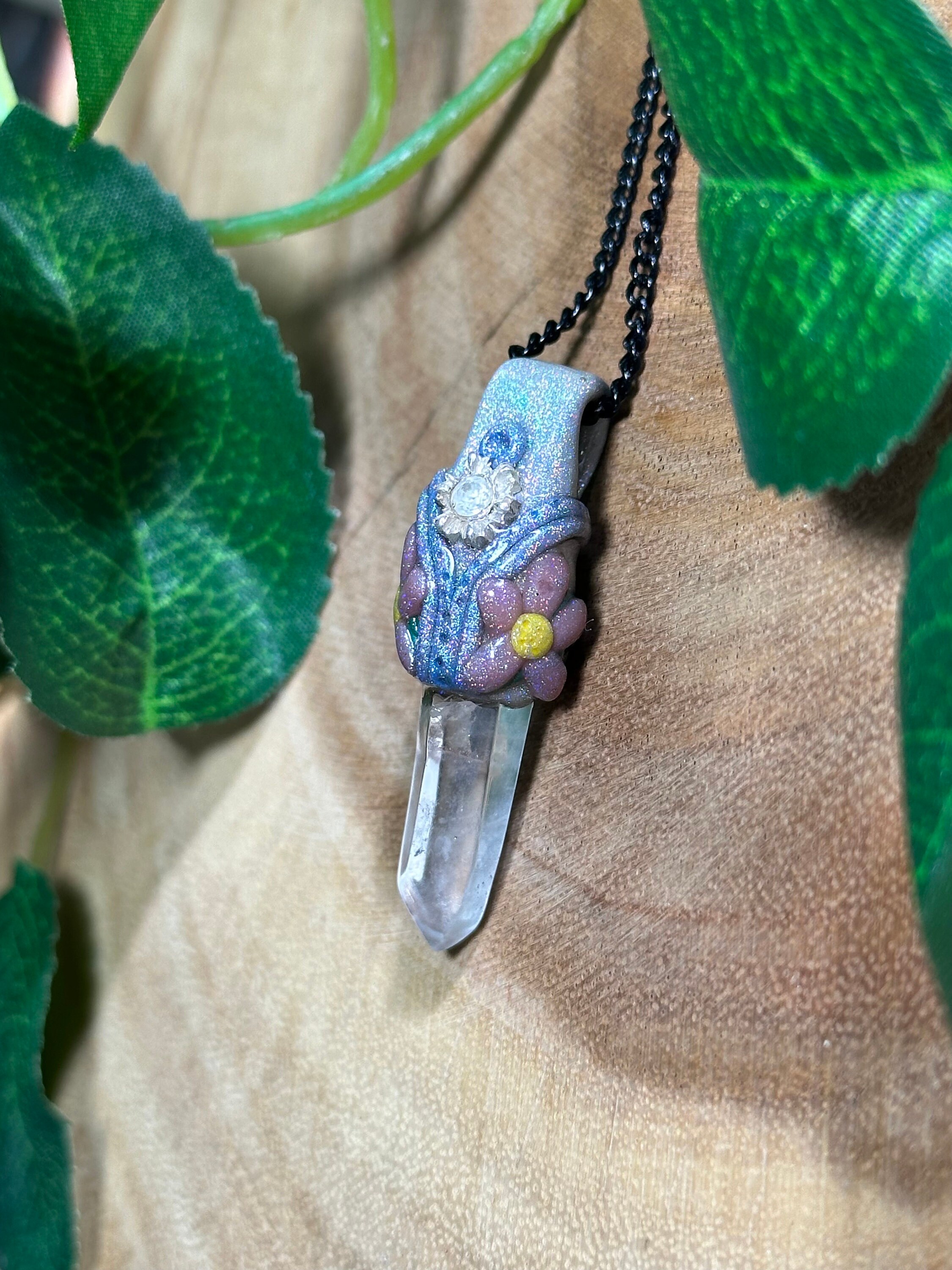 Clear Quartz and White Topaz Flowers Necklace Holographic Floral Polymer Clay Jewelry Clay Art Magical Silver Jewelry Etsy