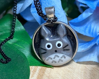 Gray Cat Necklace with chain- Kawaii Anime Kitty - Jewelry Clay Art - Forest Guardian