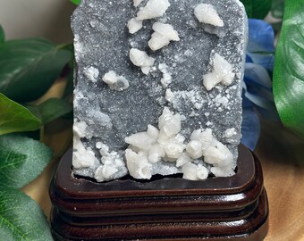 Black Quartz Druzy with Calcite: UV Reactive Healing Crystal with Stand