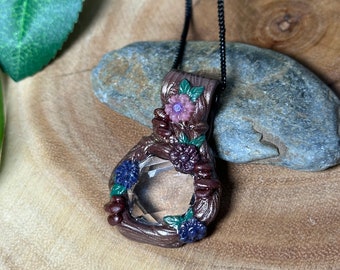 Clear Quartz Amethyst Necklace: Polymer Clay Enchanted Garden Pendant