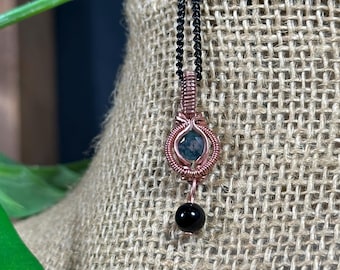 Handmade Copper Wire Wrap Necklace: Moss Agate & Obsidian