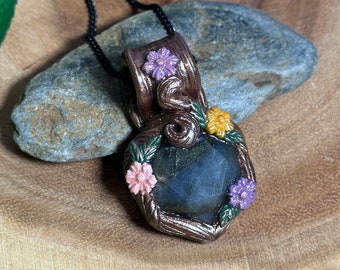 Labradorite Enchanted Garden Necklace - Polymer Clay Jewelry - Clay Art - Magical - Spring Flowers Garden