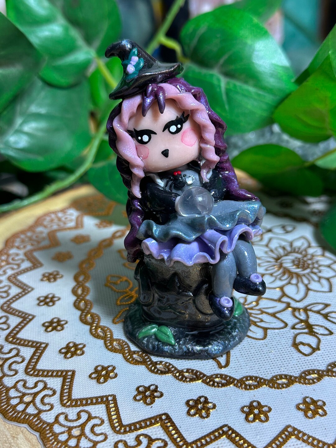 Whimsical Spooky Kawaii Girl on Cauldron With Clear Quartz Crystal