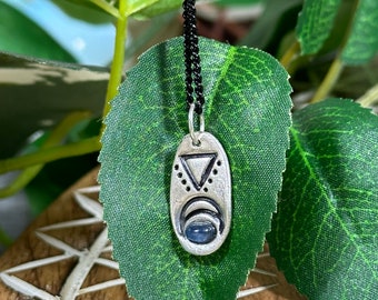 999 Solid Silver Water Element Necklace with Sapphire: Alchemy Symbol