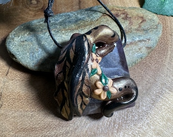 Butterfly Dragon on Amethyst Enchanted Necklace - Polymer Clay Jewelry - Clay Art - Magical - Spring Flowers