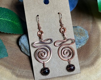 Handmade Copper Wire Dangle Earrings with Garnet Bead