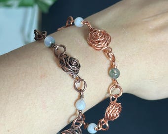 Handmade Copper Rose Bracelet: Moss Agate & Moonstone Beaded Flowers