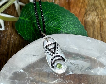 999 Solid Silver Earth Element Necklace with Peridot  - Healing stone - Silver - Dainty Necklace Simple Minimal - Alchemy Symbol