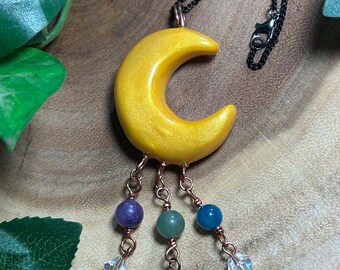 Lepidolite Moon Wall Hanging: Aventurine & Apatite Crystal Beads