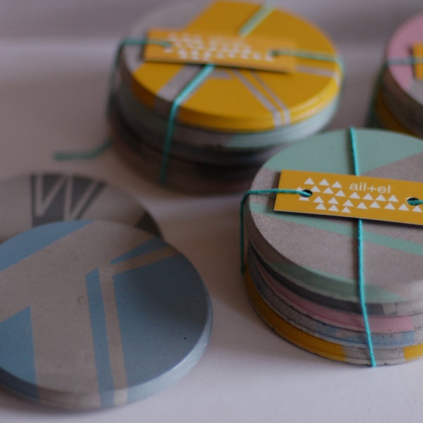 Concrete Coasters - 4 piece multi coloured pastel set, Geometric Patterns