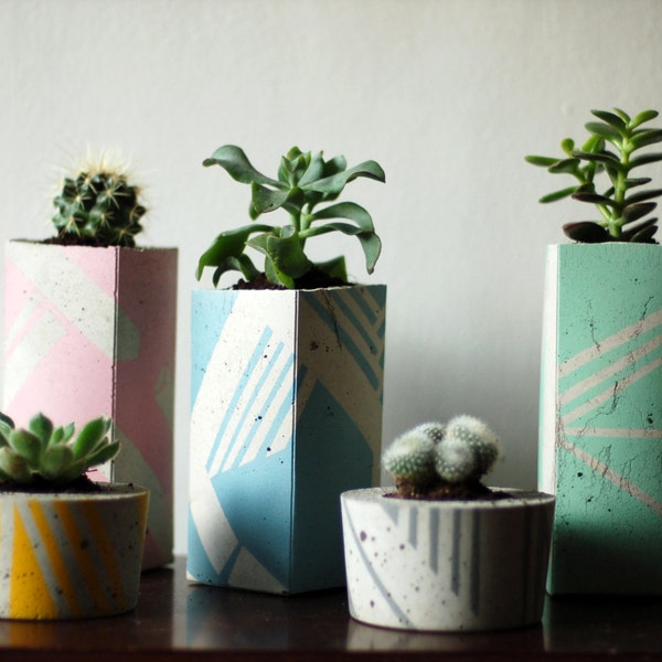 Tall Concrete Succulent Planter, Geometric Pattern