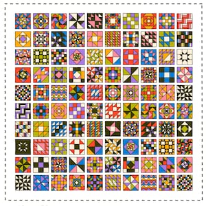 May include: A collection of 150 square quilt block patterns arranged in a grid, featuring diverse geometric designs in vibrant colours like red, blue, yellow, green, and pink. The text below reads: INCLUDES: 2 ZIPPED FOLDERS WITH 150 INDIVIDUAL PNGS.