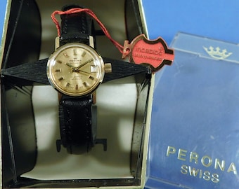 Working Vintage Ladies Perona Gold Plated 21J Automatic Wristwatch Box New Strap (15154)