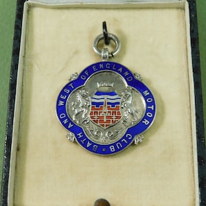Vintage Bath West Of England Motor Club Silver Enamel Prize Watch Fob Medal 1929 (14510)