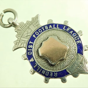 Vintage Solid Silver Enamel Watch Chain Fob Medal Redhill Football Soccer League 1925 (14976)