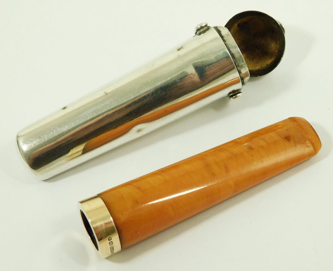 9ct Gold & Amber Cigar Cheroot Holder and Sterling Silver Case 1909 ...