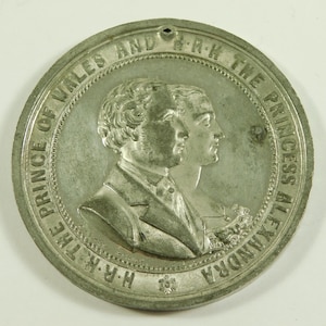 Antique Victorian 1863 Royal Wedding Prince Of Wales And Alexandra White Metal Medallion (17502)