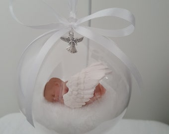 Boule commémorative faite main plumes d'ange Ooak Perte de bébé en pâte polymère fimo