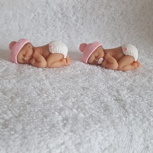 Handmade Ooak polymer fimo clay sleeping baby cake topper, baby shower, dolls house blue pink or white image 1