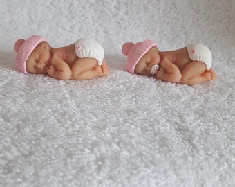 Handmade Ooak polymer fimo clay sleeping baby cake topper, baby shower, dolls house blue pink or white