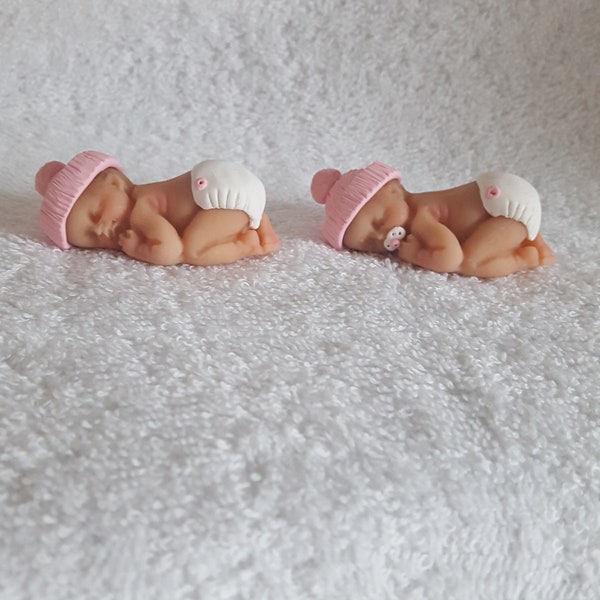Handmade Ooak polymer fimo clay sleeping baby cake topper, baby shower, dolls house blue pink or white
