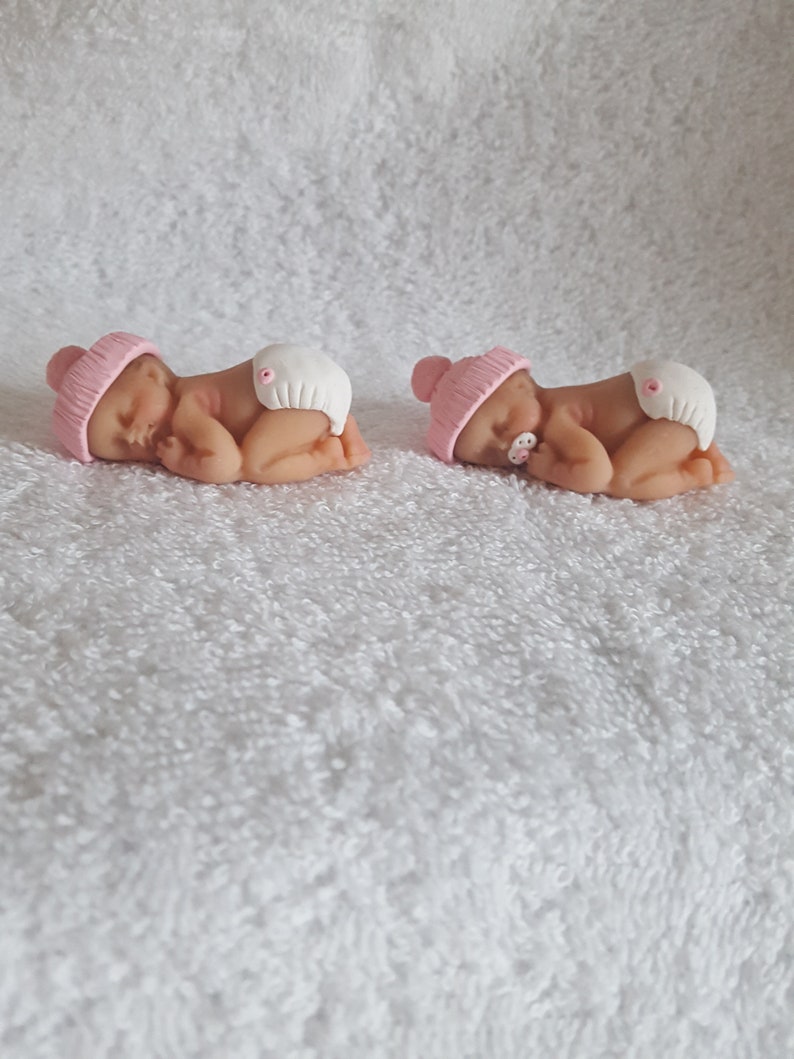 Handmade Ooak polymer fimo clay sleeping baby cake topper, baby shower, dolls house blue pink or white image 1