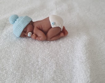 Handmade Ooak polymer clay Darker skin sleeping baby cake topper, baby shower, dolls house