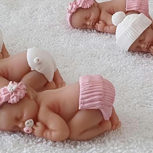 Handmade Ooak polymer fimo clay sleeping baby cake topper, baby shower, dolls house blue pink or white