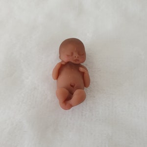 May include: A small, realistic-looking baby doll made of silicone. The doll is lying on its back with its eyes closed and its arms and legs slightly bent. The doll has a light brown skin tone.