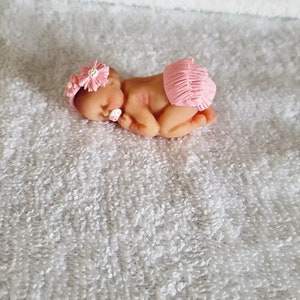 Handmade Ooak polymer fimo clay sleeping baby cake topper, baby shower, dolls house blue pink or white image 4