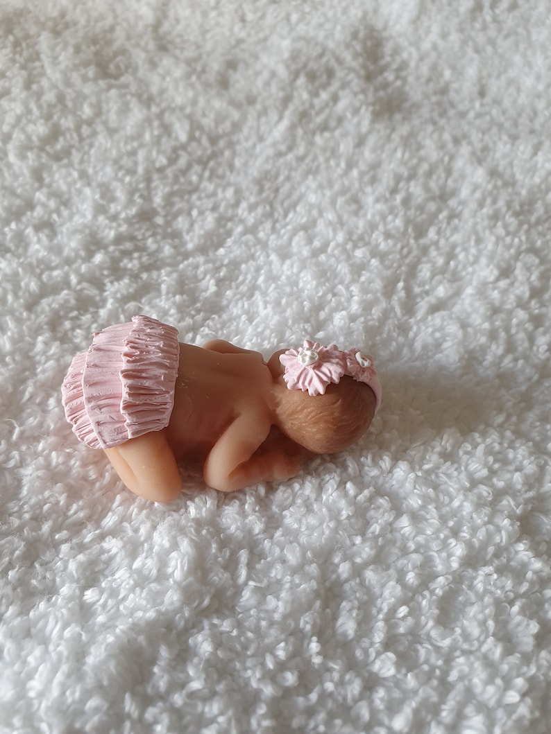 Handmade Ooak polymer fimo clay sleeping baby cake topper, baby shower, dolls house blue pink or white image 6