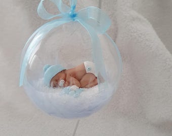 Handmade Ooak polymer fimo clay baby bauble baby shower gift (with dummy pacifer) blue feathers