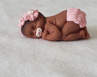 Handmade Ooak polymer clay Darker skin sleeping baby with a dummy, Frilly Knickers, cake topper, baby shower, dolls house