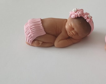 Handmade Ooak polymer clay LIGHT BROWN SKIN sleeping baby girl  frilly knickers cake topper, baby shower, dolls house