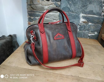 Small travel bag, weekend, large handbag in gray and red leather