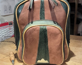 Brown and Green Leather Backpack
