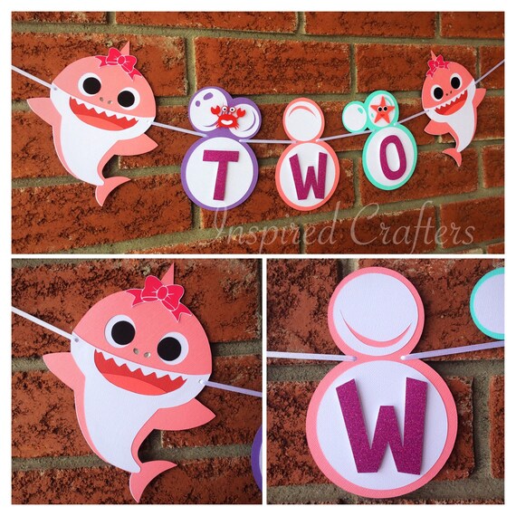 Two baby shark girl birthday banner Glitter Font with 3D | Etsy