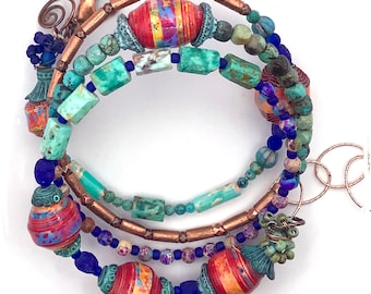 Imagine - a boho turquoise bracelet - southwestern mixed bead memory wire bracelet, handmade and one-of-a-kind,