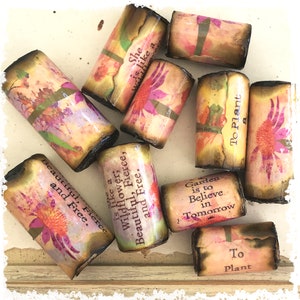 Wildflower bead, rustic garden theme word bead, blessingsway, shabby chic tube bead, boho paper bead image 6