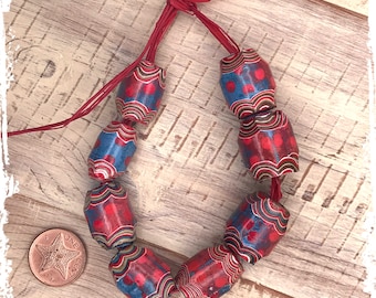 Red dot blue paper beads, chunky carved tribal beads, craft supplies, for making jewelry